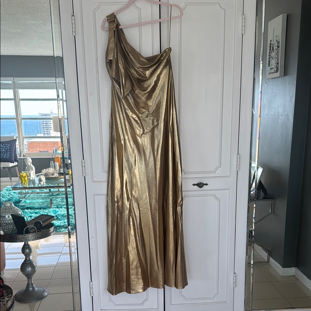 Lauren Ralph Lauren Gold Metallic Charmeuse One-Shoulder Gown